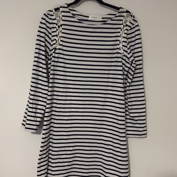 A.L.C. Navy Blue White Long Sleeve Chapman Striped Cotton Mini Dress Size Medium - Picture 2 of 5
